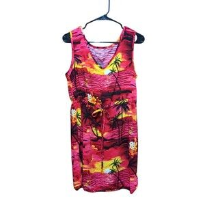 Palmwave Lady's Rayon Sundress in Hawaiian Scenery Print Red No Tag Size Small.